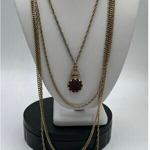 Goldette Vintage Purple Glass Intaglio Cameo Silhouette 3 Strand Chain Necklace